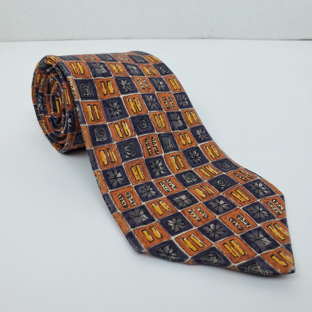 Dior Signature Vintage Abstract Plaid Silk Tie - Orange and Blue